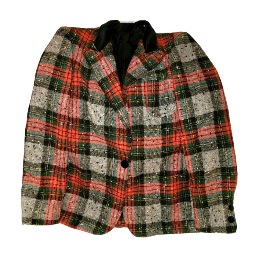 Women's Prata Vintage Wool Plaid Jacket Red Green Plaid Coat Velvet Collar